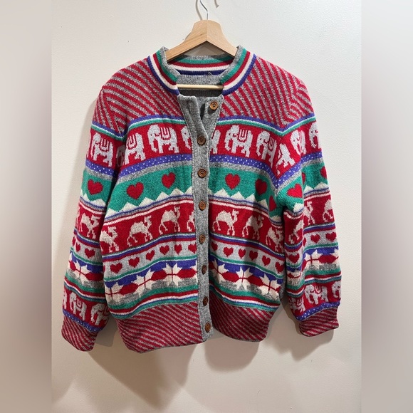 Colorful Elephant and Heart Patterned Cardigan - Picture 1 of 5